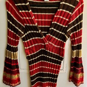 Striped V-Neck Sweater Dress - Red, Brown, and Gold